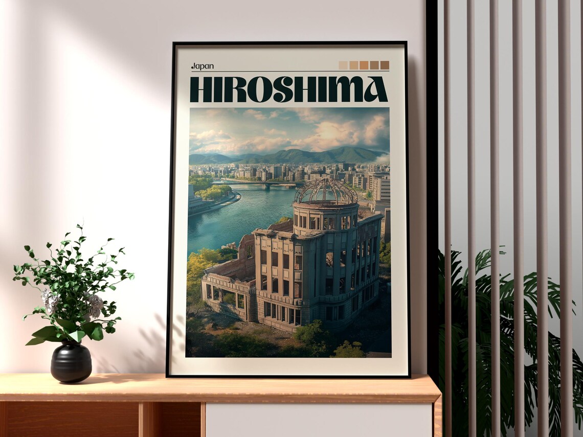 Hiroshima Atomic Bomb Dome River City Japan Vintage Travel Poster