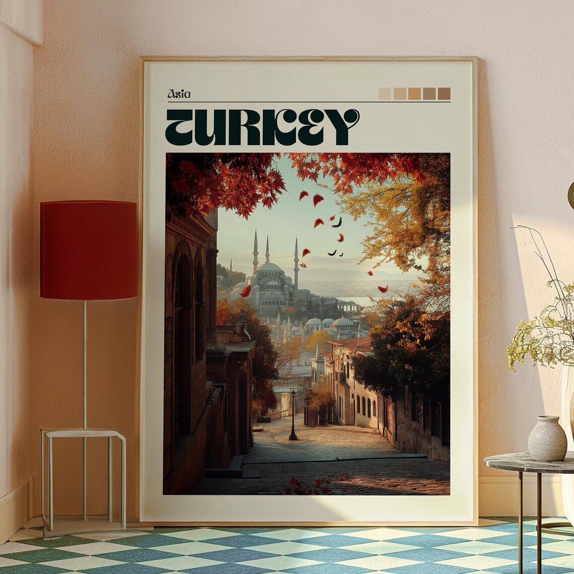 Turkey Istanbul Grand Mosque Minarets Autumn Leaves Travel Art Poster - Image 2
