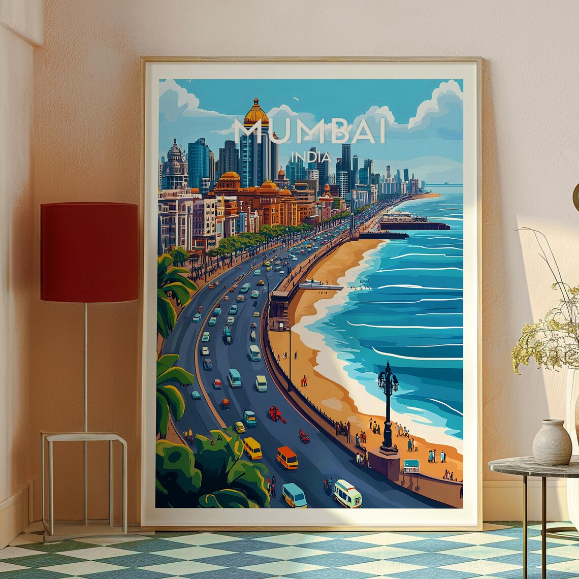 Mumbai India Curving Waterfront City Skyline Retro Travel Poster - Image 2