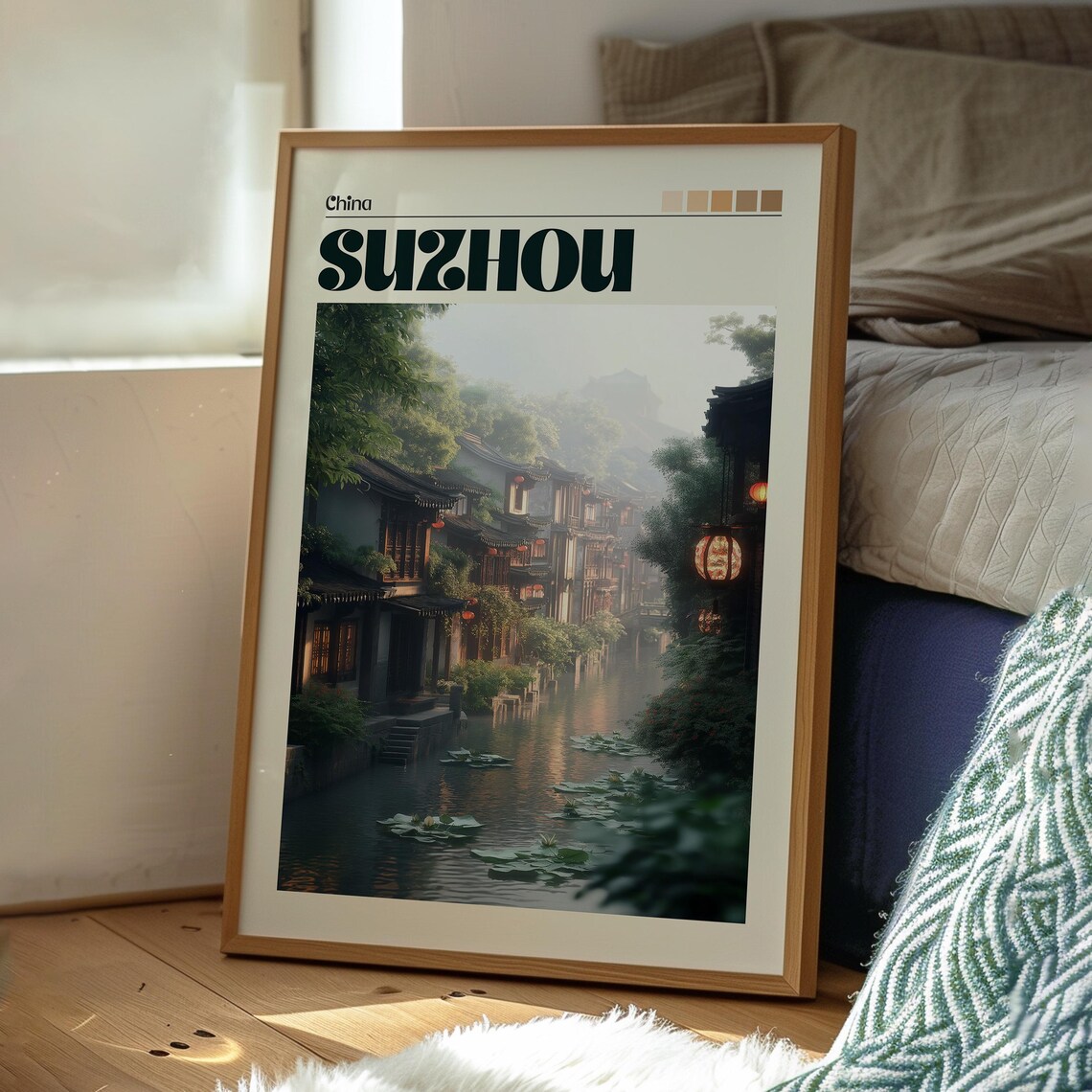 Suzhou China Ancient Canal Water Town Lanterns Lily Pads Travel Poster - Image 3