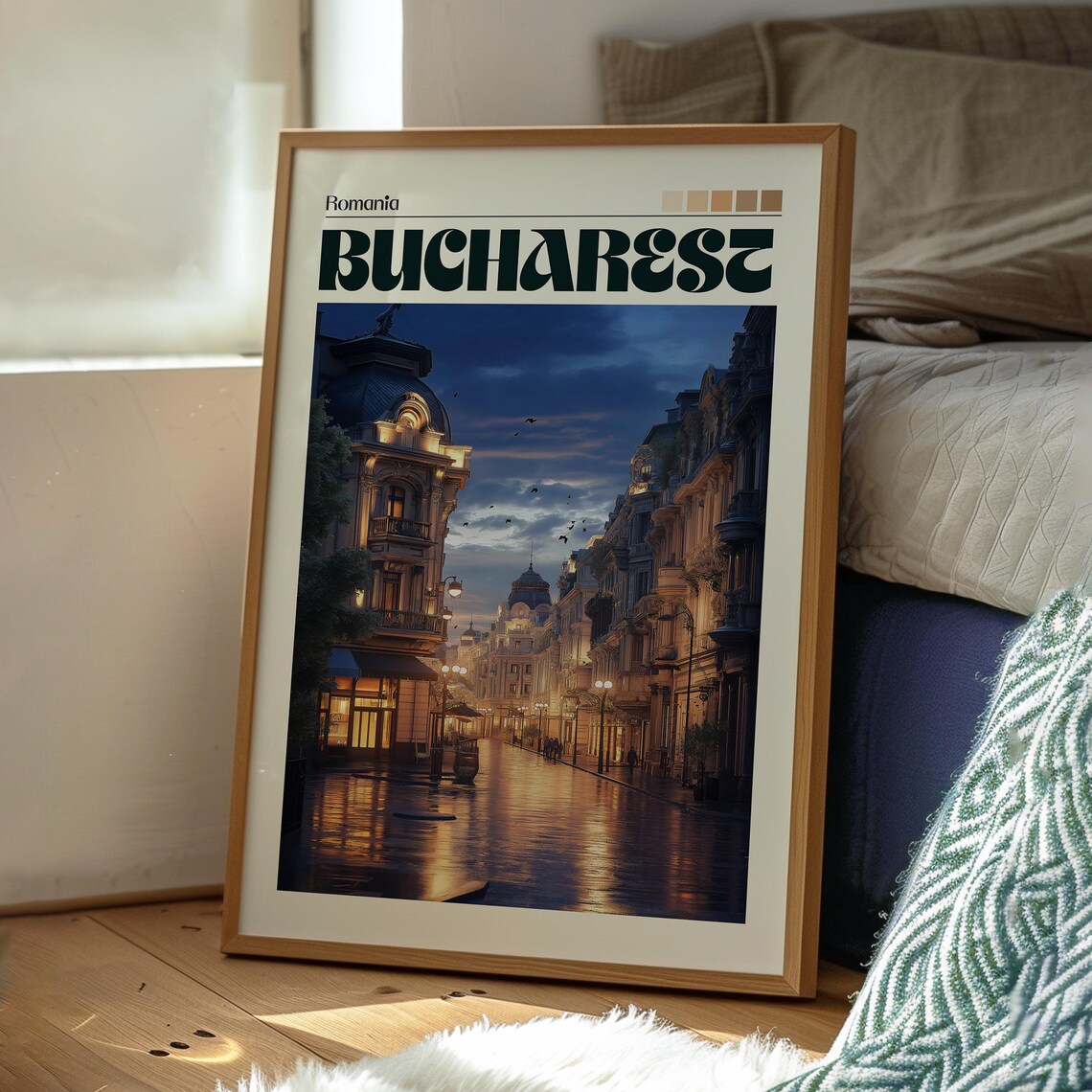 Bucharest Romania Rainy Night Old Town Street Lamps Vintage Poster - Image 3