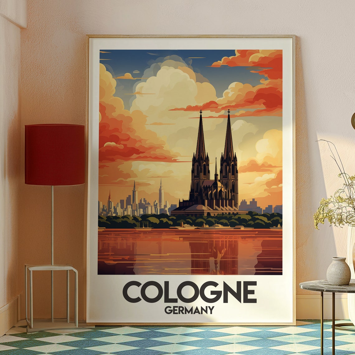 Cologne Germany Gothic Cathedral Twin Spires Rhine Sunset Poster - Image 2