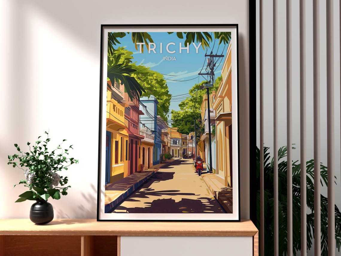 Trichy India Sunlit Colonial Street Green Trees Travel Poster