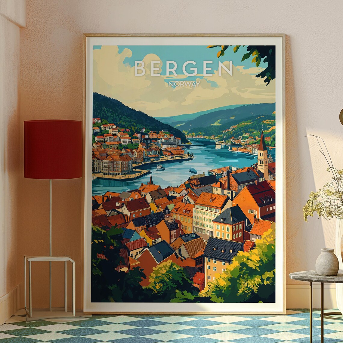 Bergen Norway Harbor City Fjord Vintage Style Travel Poster Art - Image 2