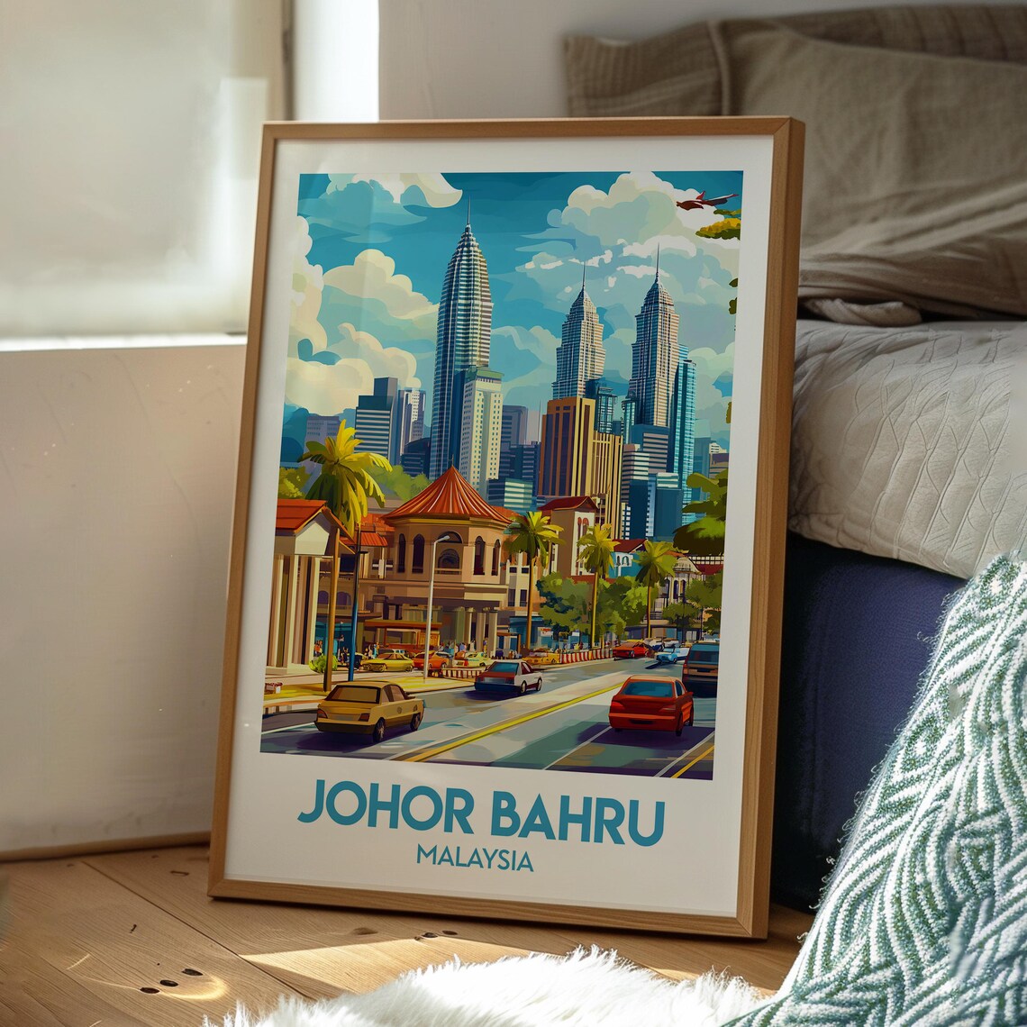 Johor Bahru Malaysia Colorful City Skyline Retro Travel Art Poster - Image 3