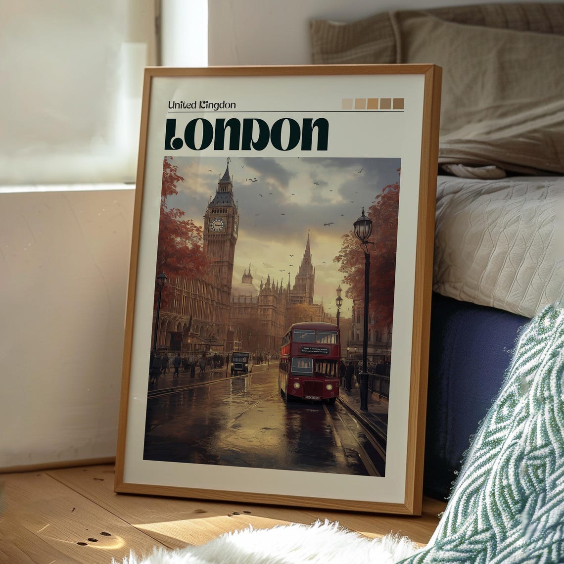 London UK Big Ben and Red Double Decker Bus Rainy Street Poster - Image 3