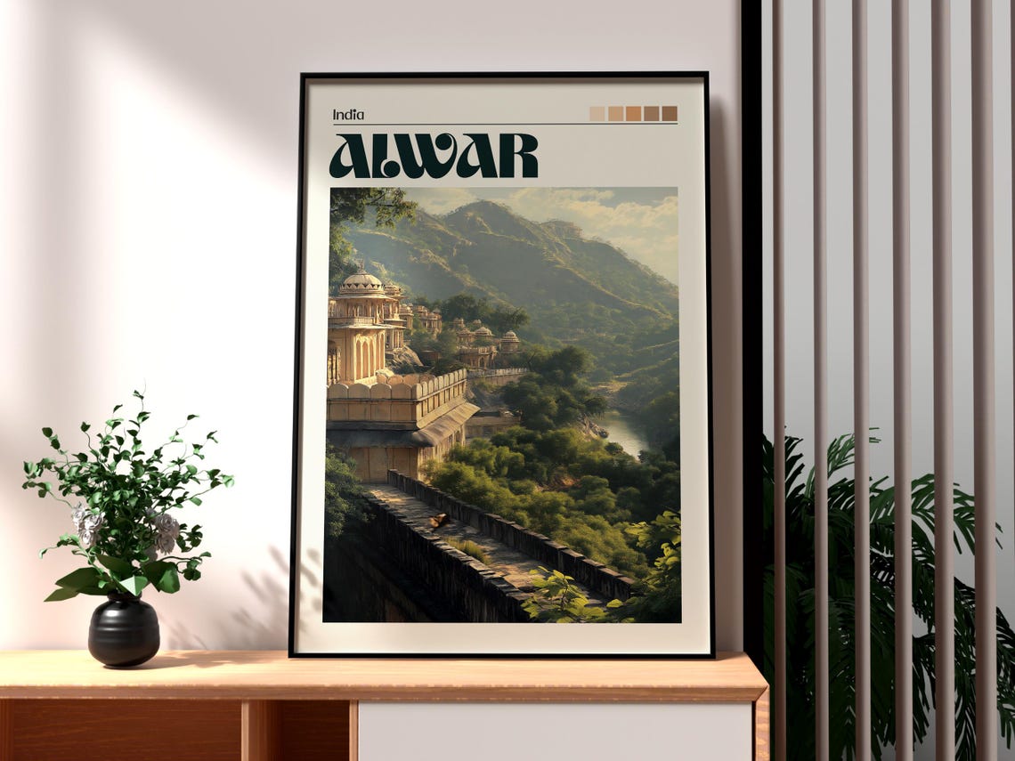 Alwar India Royal Palace Mountain Landscape Vintage Travel Poster