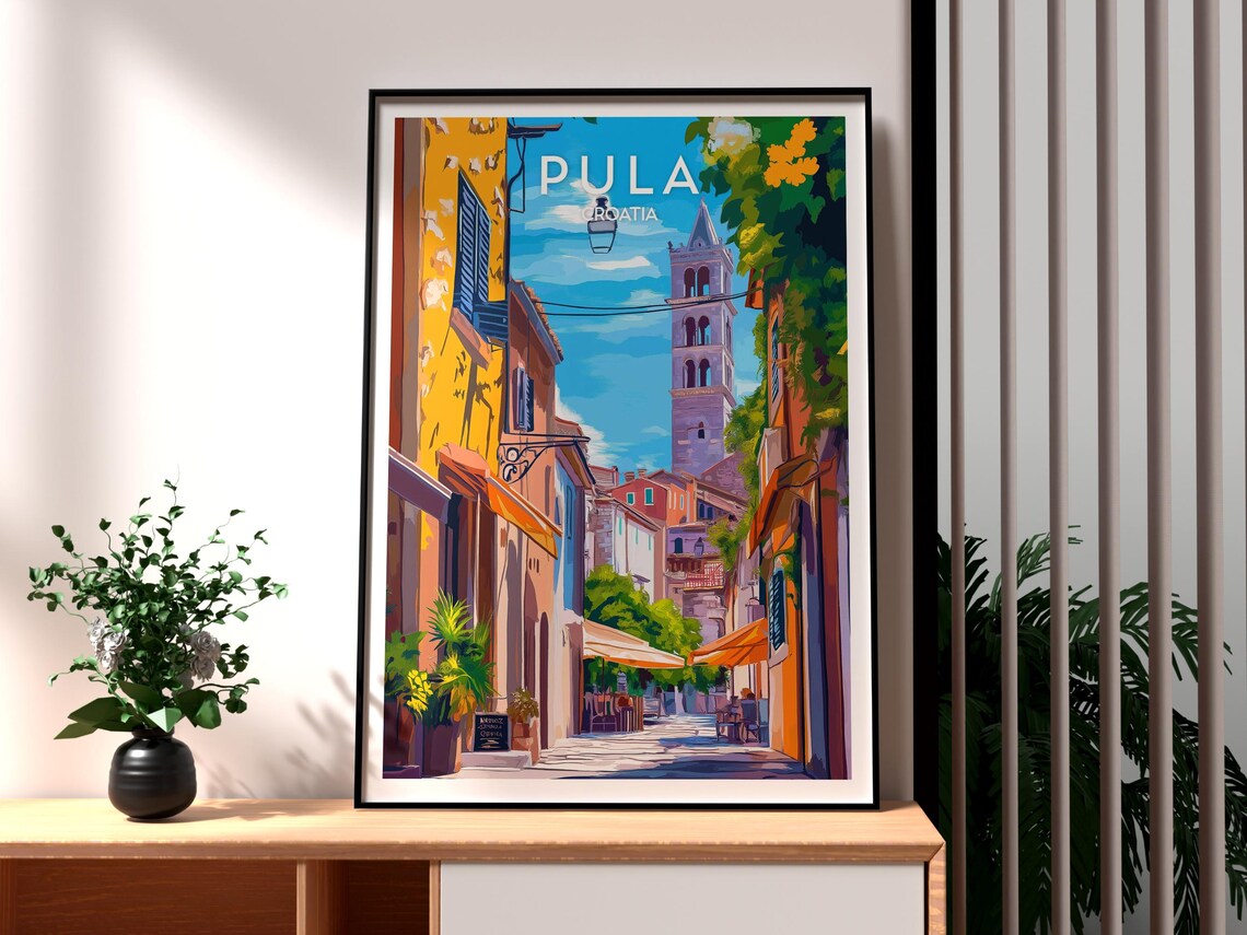 Pula Croatia Old Town Bell Tower Cafe Street Sunny Art Poster
