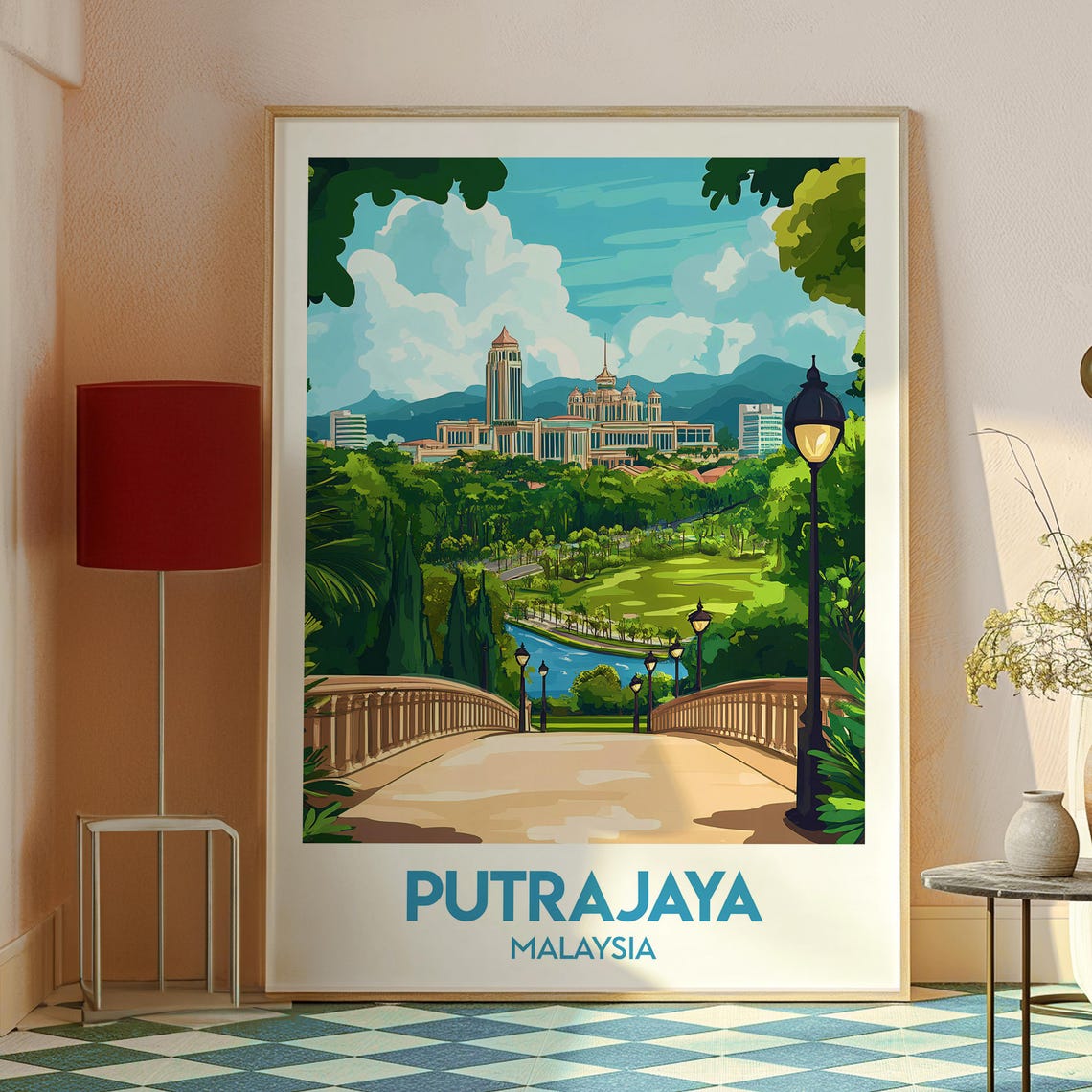 Putrajaya Malaysia Lakeside Mosque Bridge Retro Travel Poster - Image 2