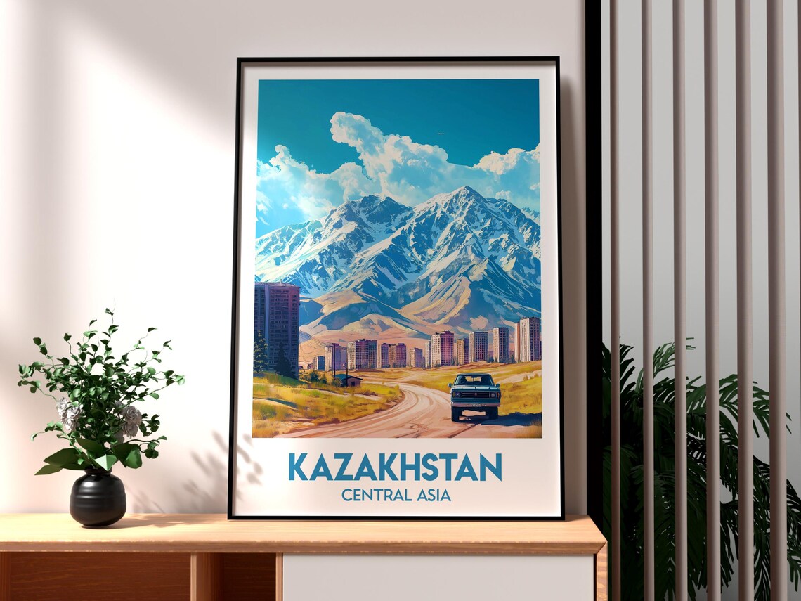 Kazakhstan Central Asia Snowy Peaks Vintage Mountain Road Poster