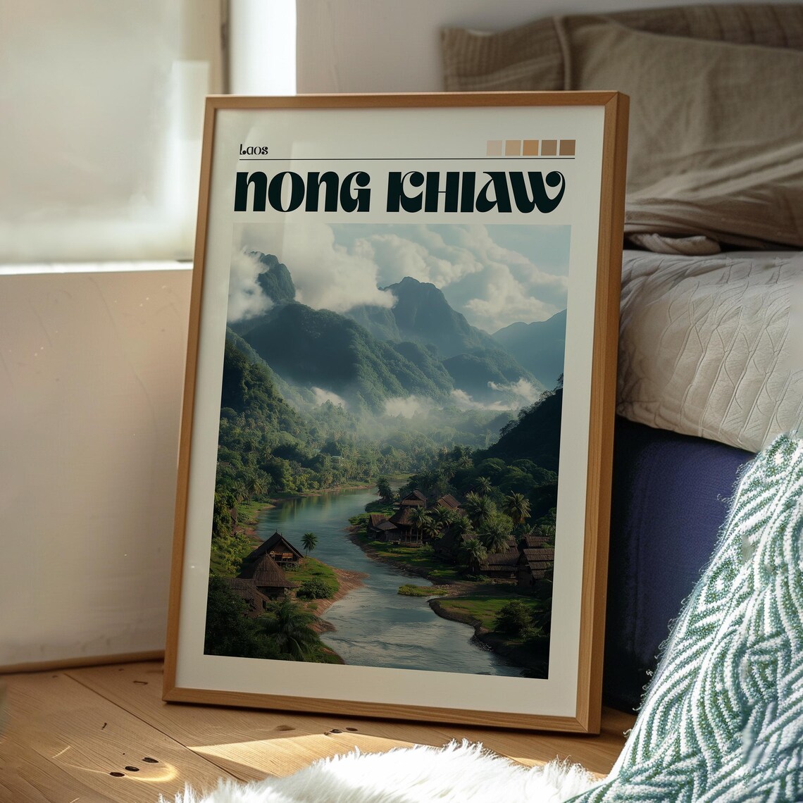 Nong Khiaw Laos Misty Mountain River Village Art Travel Poster - Image 3