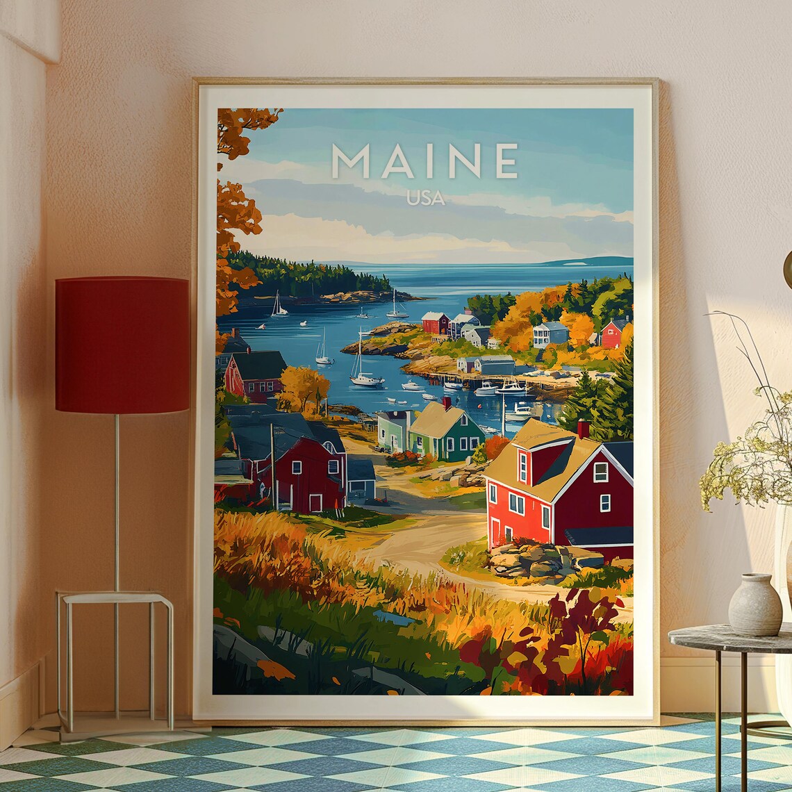 Maine USA Autumn Harbor Village Sailboats New England Coastal Poster - Image 2