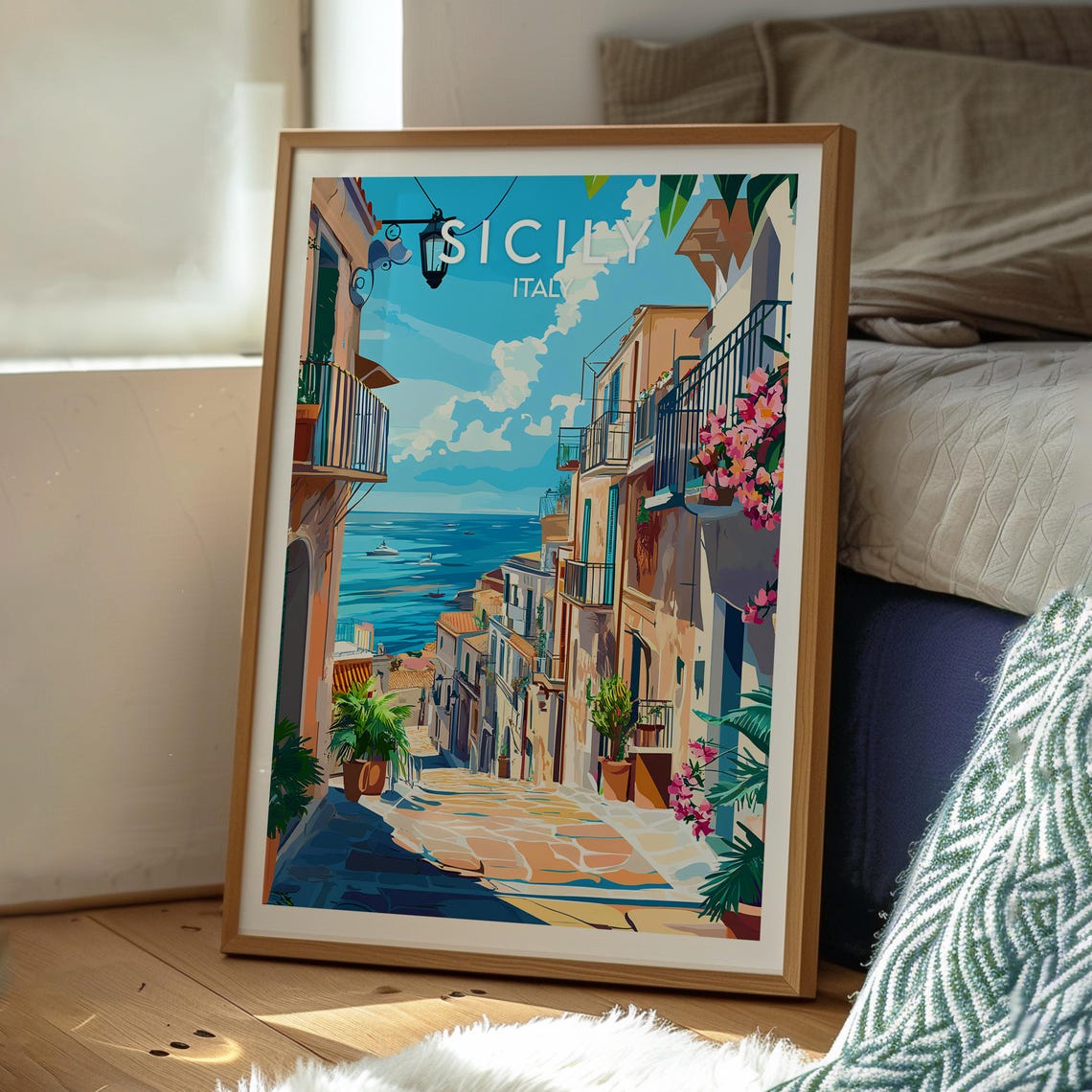 Sicily Italy Sunlit Seaside Lane Vintage Coastal Village Poster - Image 3