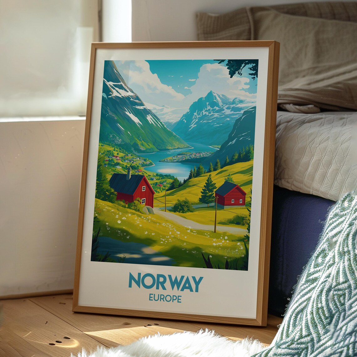 Norway Europe Red Cabins Fjord Valley Snow Peaks Travel Poster - Image 3