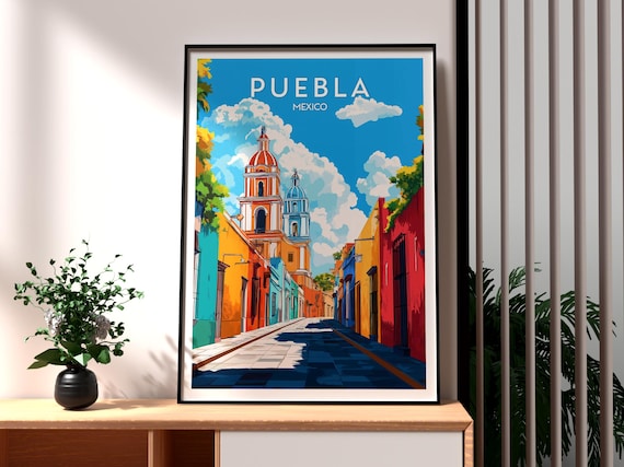 Puebla Mexico Colorful Colonial Street Cathedral Vintage Travel Poster