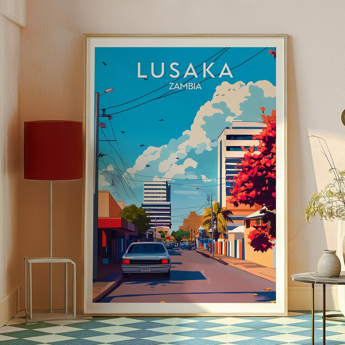 Lusaka Zambia Sunny City Street Classic Car Downtown Buildings Poster - Image 2