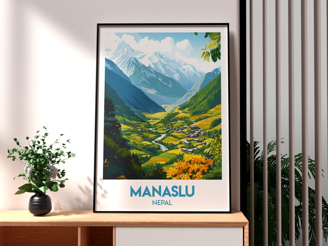 Manaslu Nepal Himalayan Valley Retro Illustrated Travel Poster