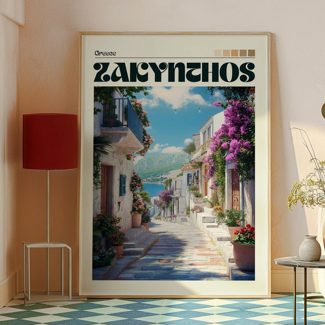 Zakynthos Greece Flowered Old Town Steps Seaside Travel Poster - Image 2