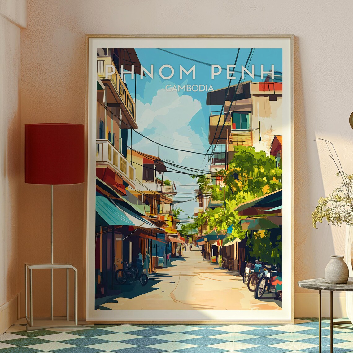 Phnom Penh Cambodia Old Street Shophouse Town Scene Travel Poster - Image 2