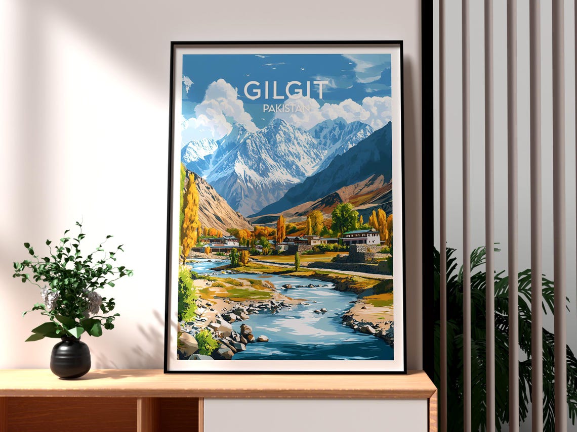 Gilgit Pakistan Snowcapped Mountains River Valley Village Poster