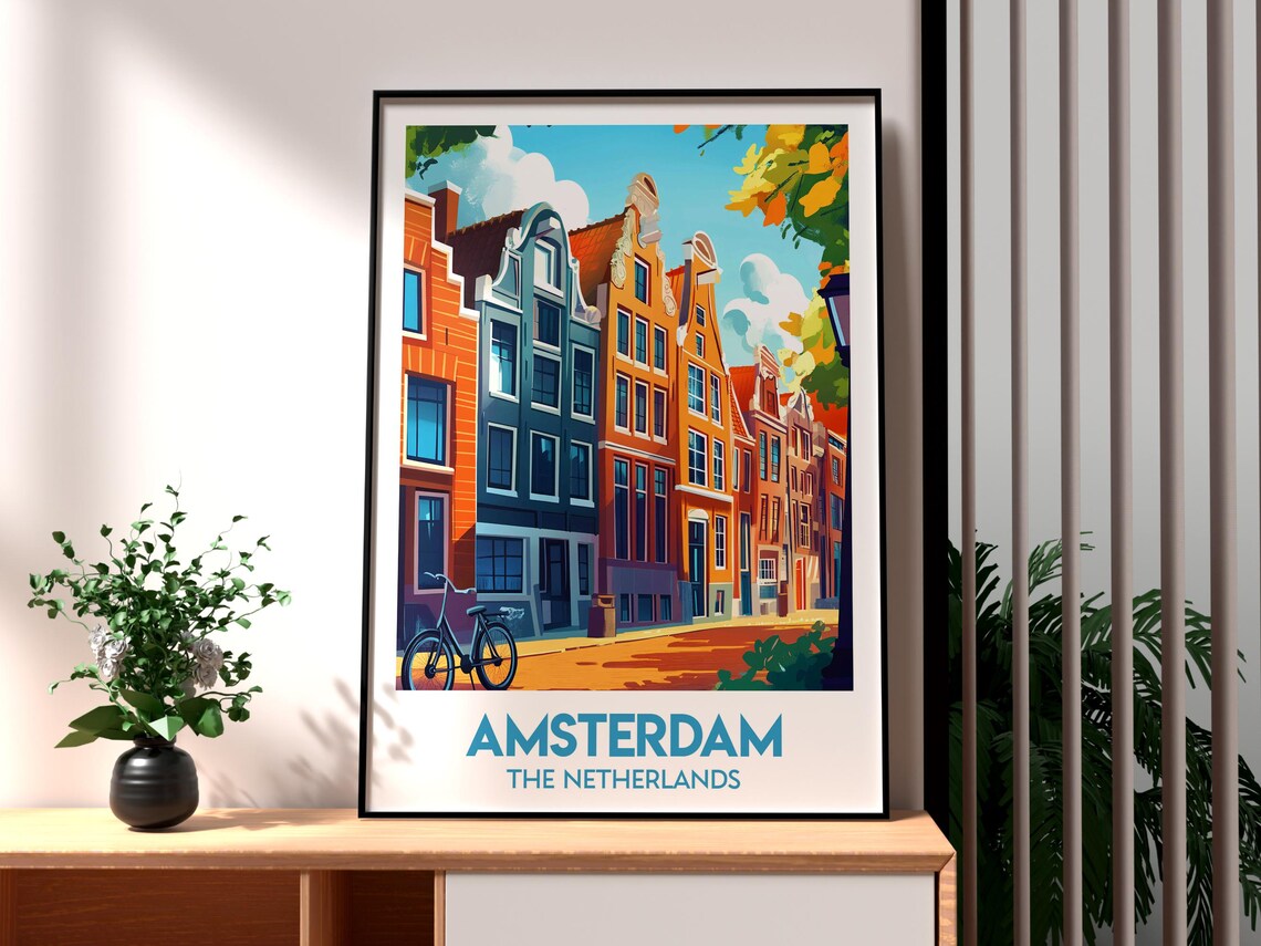 Amsterdam Netherlands Canal House Street Bicycle Vintage Travel Poster