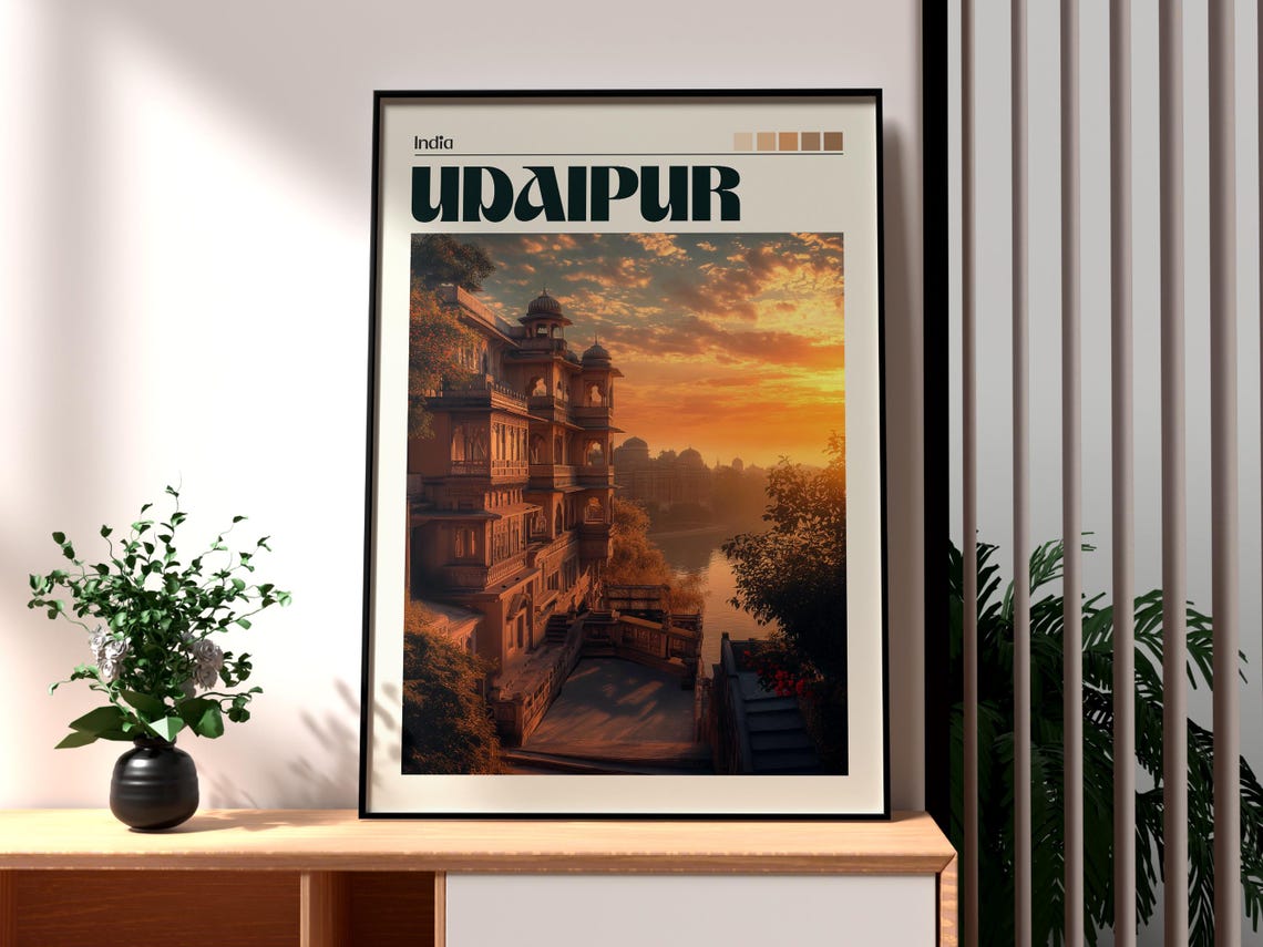 Udaipur India Lakeside Palace Golden Sunset Reflection Travel Poster