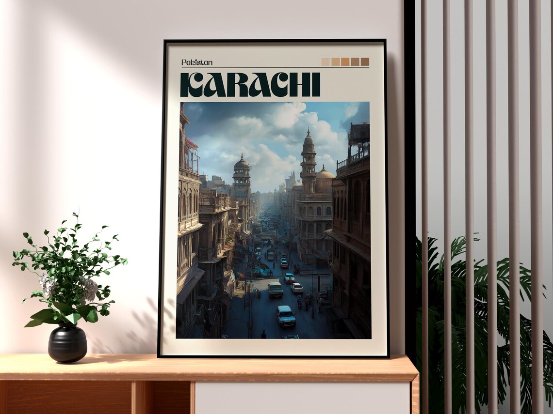 Karachi Pakistan Old City Street Minarets Vintage Travel Poster