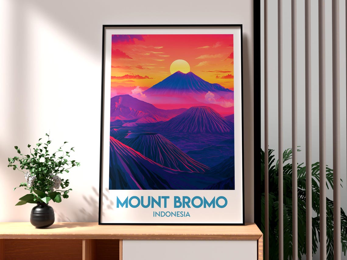Mount Bromo Indonesia Volcano Sunrise Neon Landscape Travel Poster