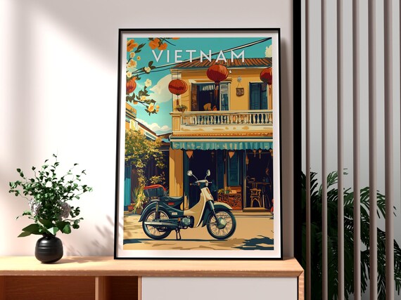 Vietnam Vintage Classic Retro Shophouse Lantern Motorbike Poster