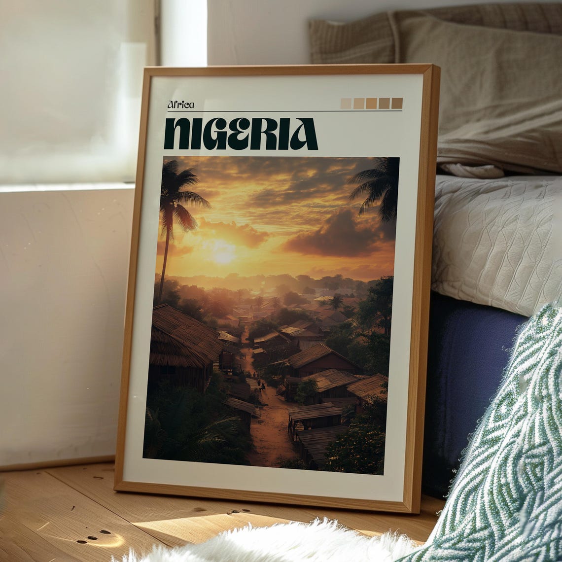Nigeria Africa Village Sunset Palms Thatched Roofs Travel Poster - Image 3