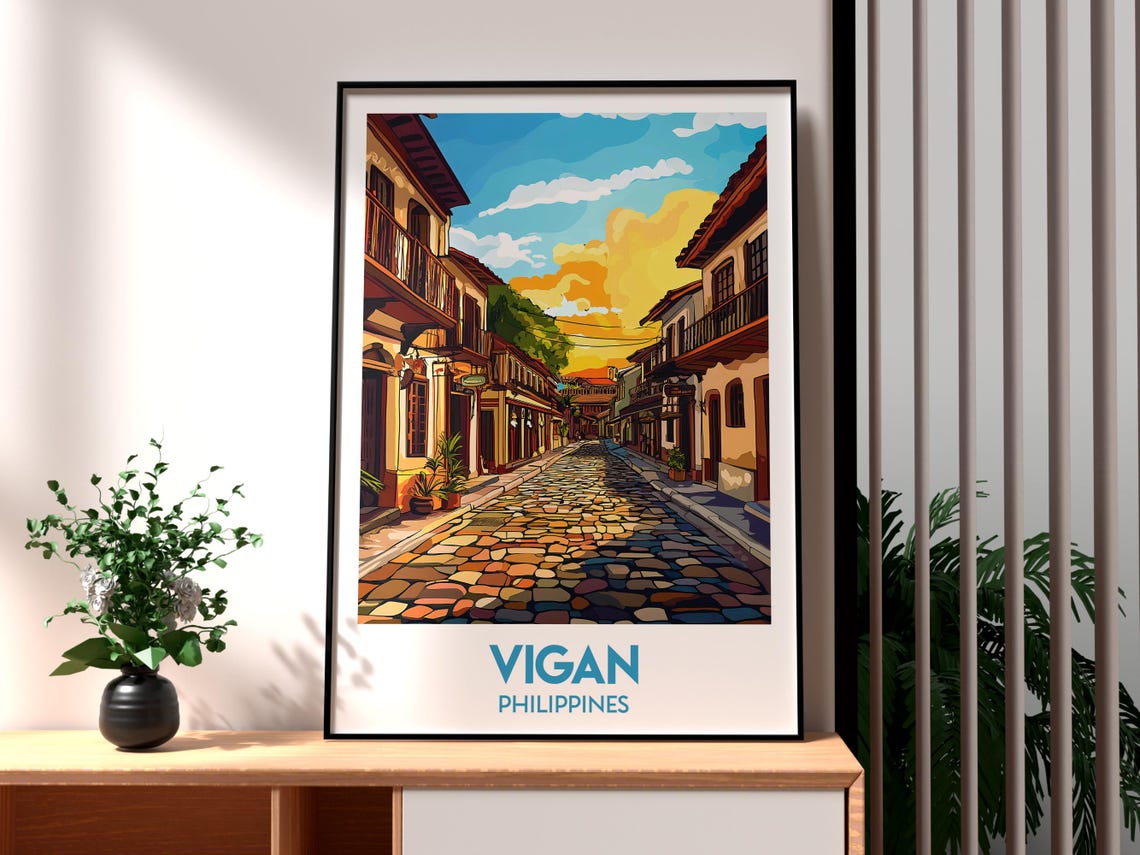 Vigan Philippines Cobblestone Calle Crisologo Sunset Travel Poster