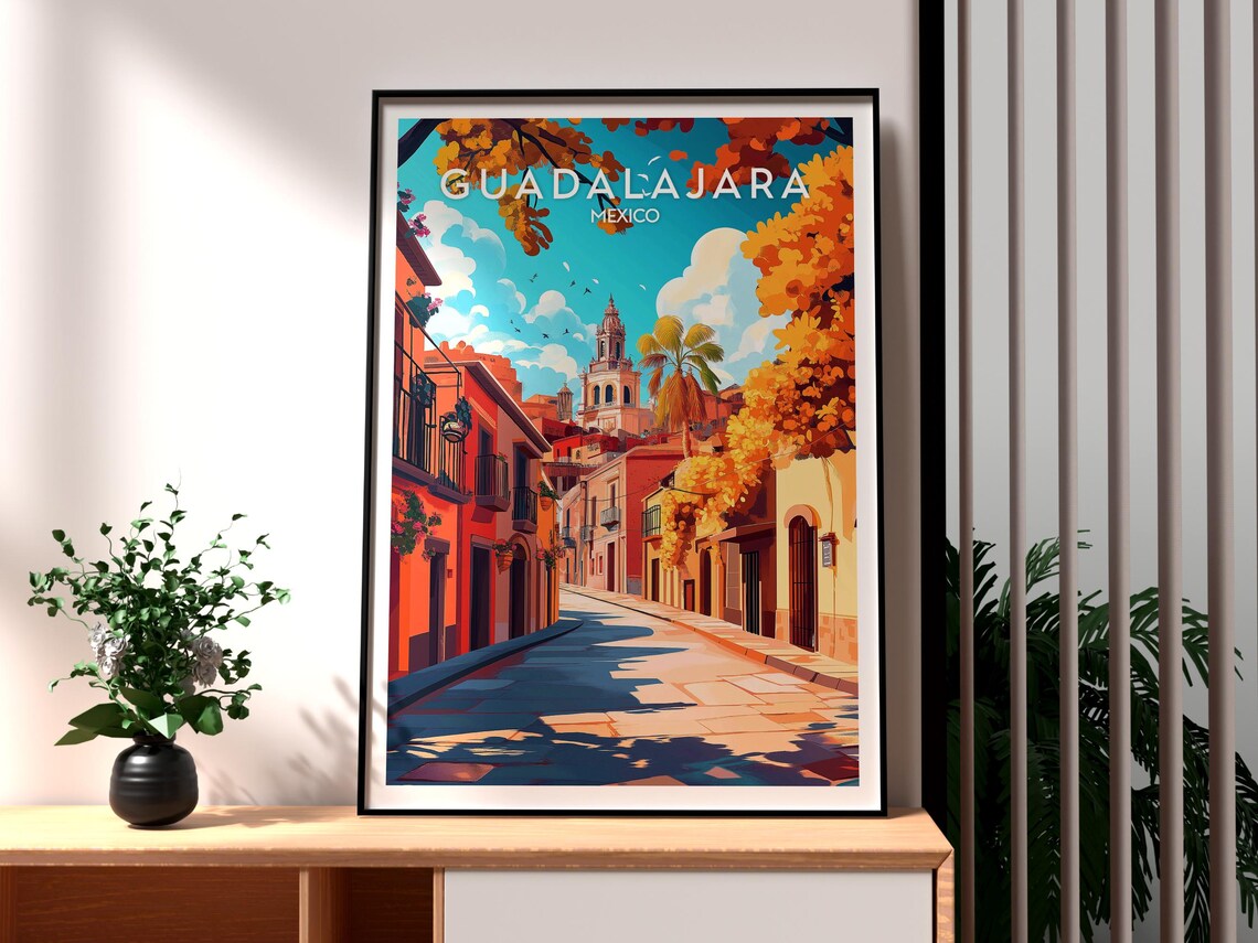 Guadalajara Mexico Colonial Street Church Tower Travel Poster