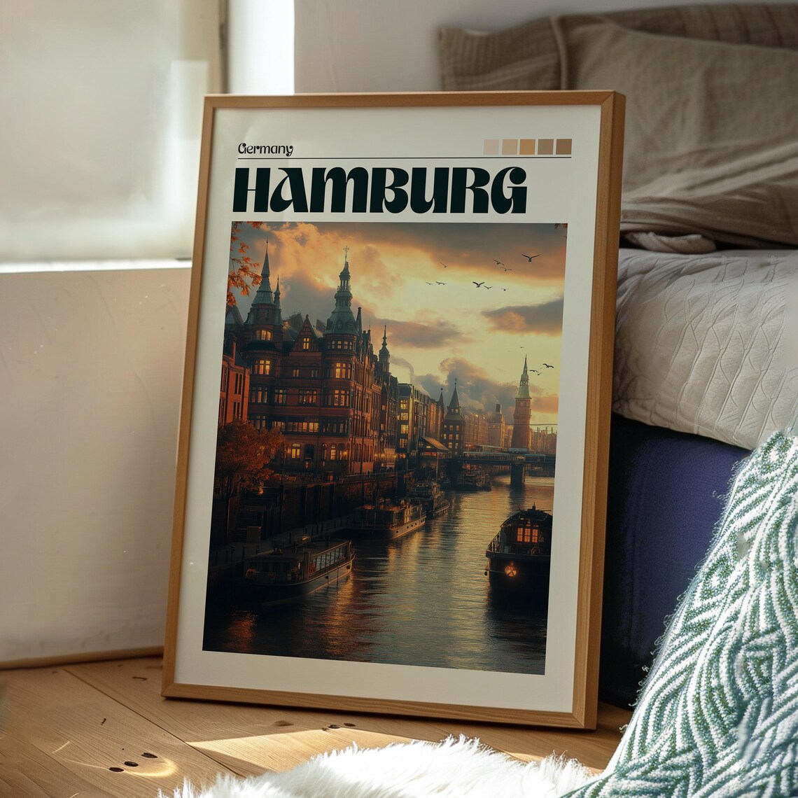 Hamburg Germany Harbor Sunset Historic Canal Boats River Poster - Image 3