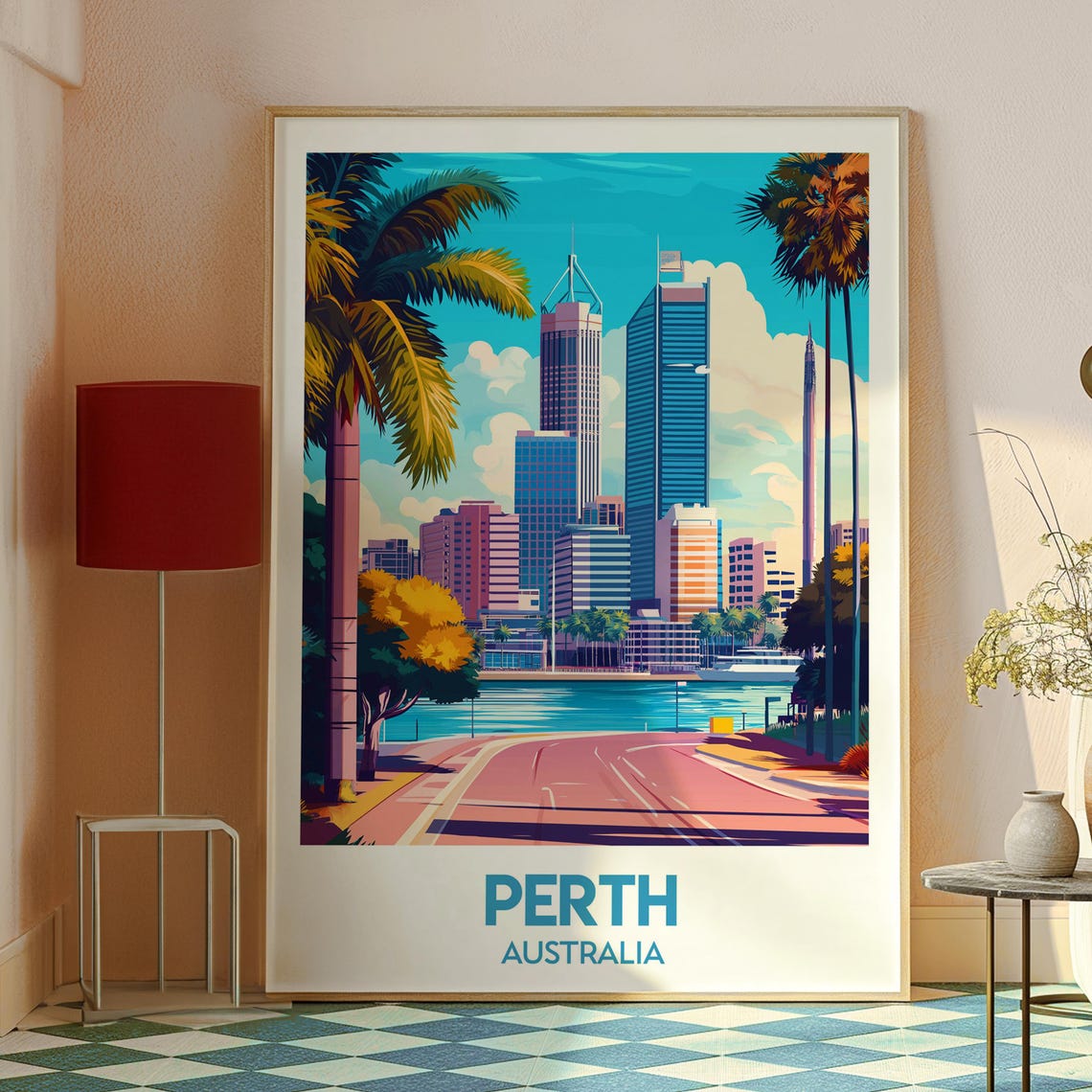 Perth Australia Waterfront Skyline Palm Trees River Road Travel Poster - Image 2