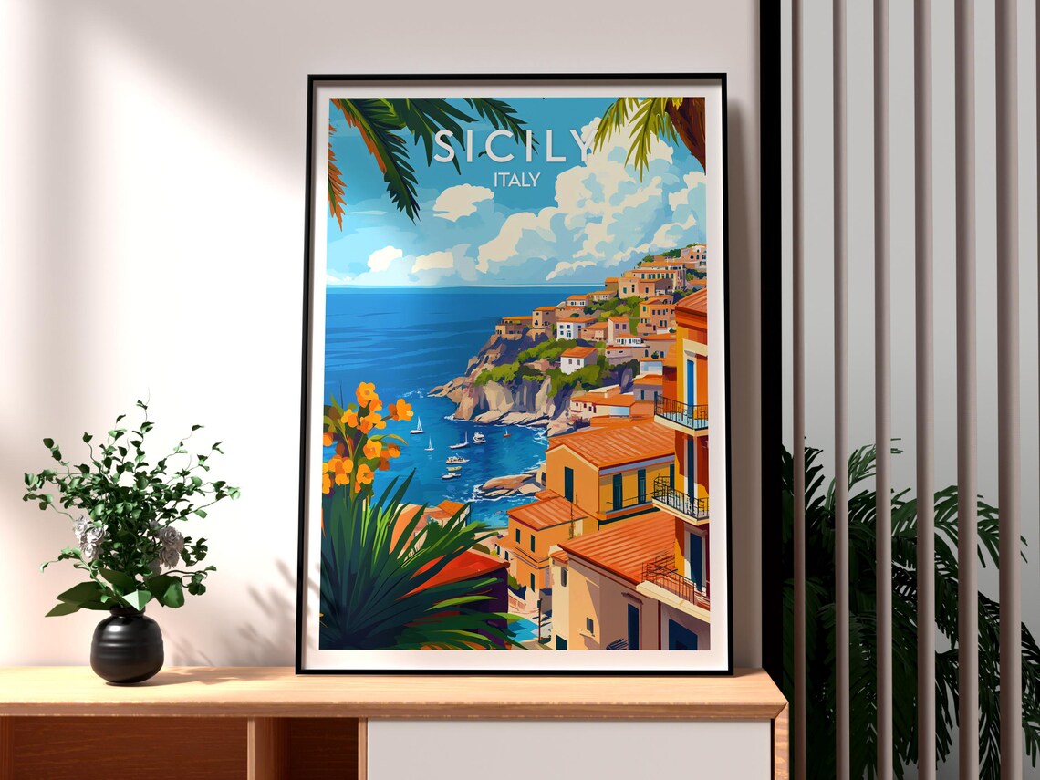 Sicily Italy Coastal Village Cliff Sea View Vintage Travel Poster