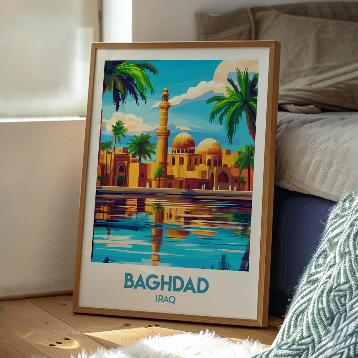 Baghdad Iraq Retro Travel Poster Golden Mosque River Artwork - Image 3