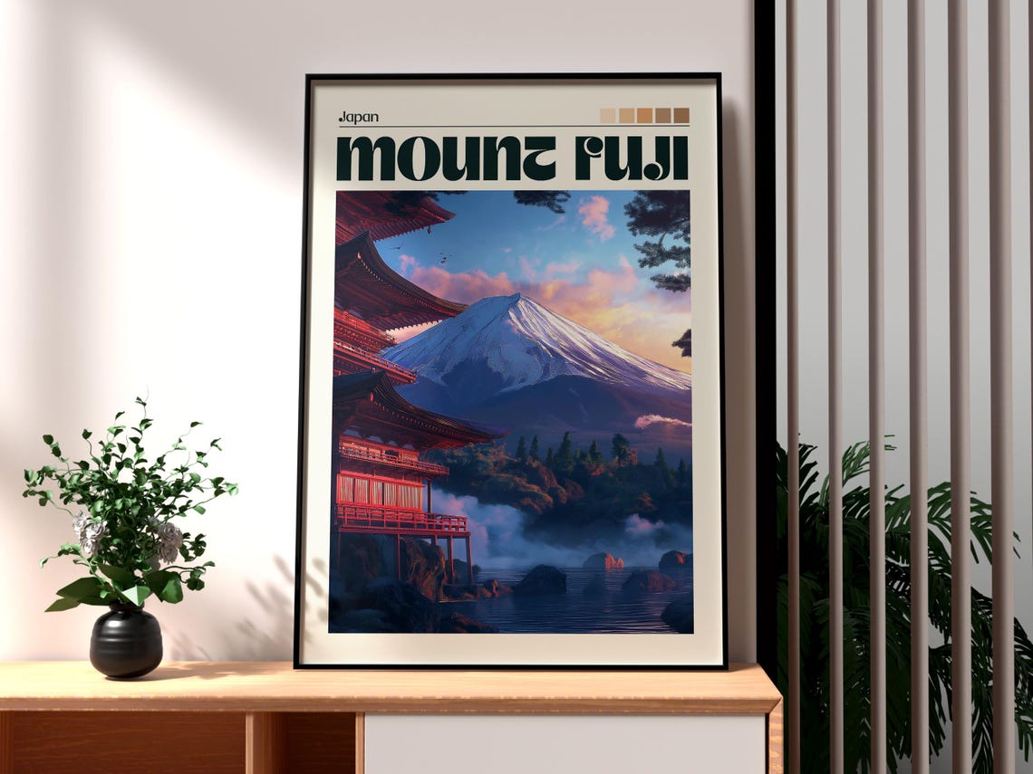 Mount Fuji Japan Red Pagoda Sunset Temple Peaks Travel Poster