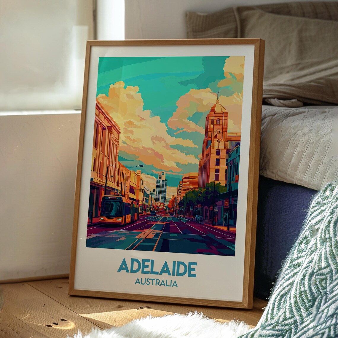 Adelaide Australia City Tram Street Skyline Sunset Travel Poster - Image 3