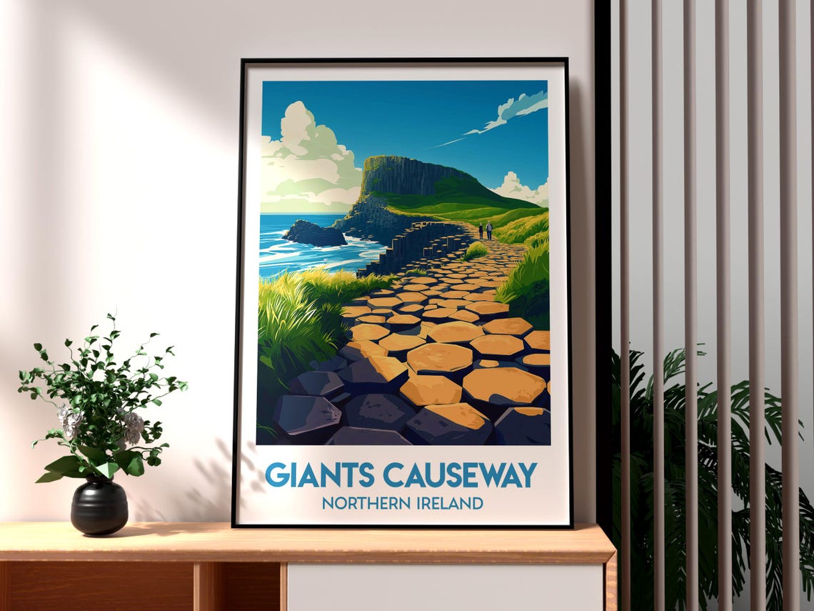Giants Causeway Northern Ireland Basalt Columns Cliffs Vintage Poster
