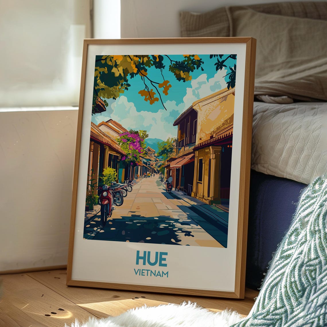Hue Vietnam Sunlit Old Town Street Scooter Scene Vintage Poster - Image 3