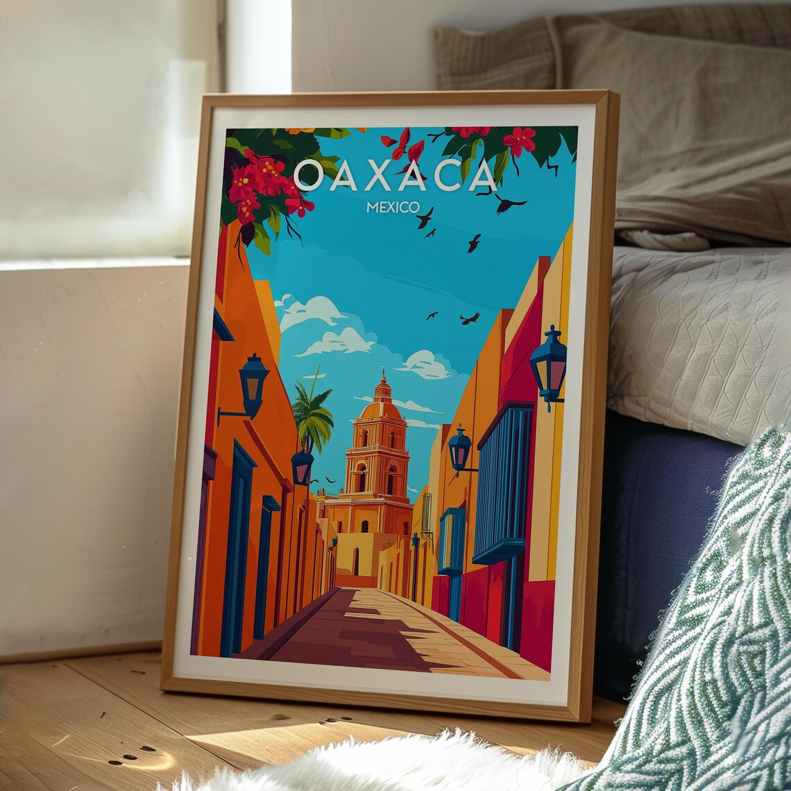 Oaxaca Mexico Sunlit Street Flowers Colonial Church Travel Poster - Image 3