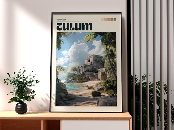 Tulum Mexico Mayan Ruins Beach Palms Ocean View Travel Poster