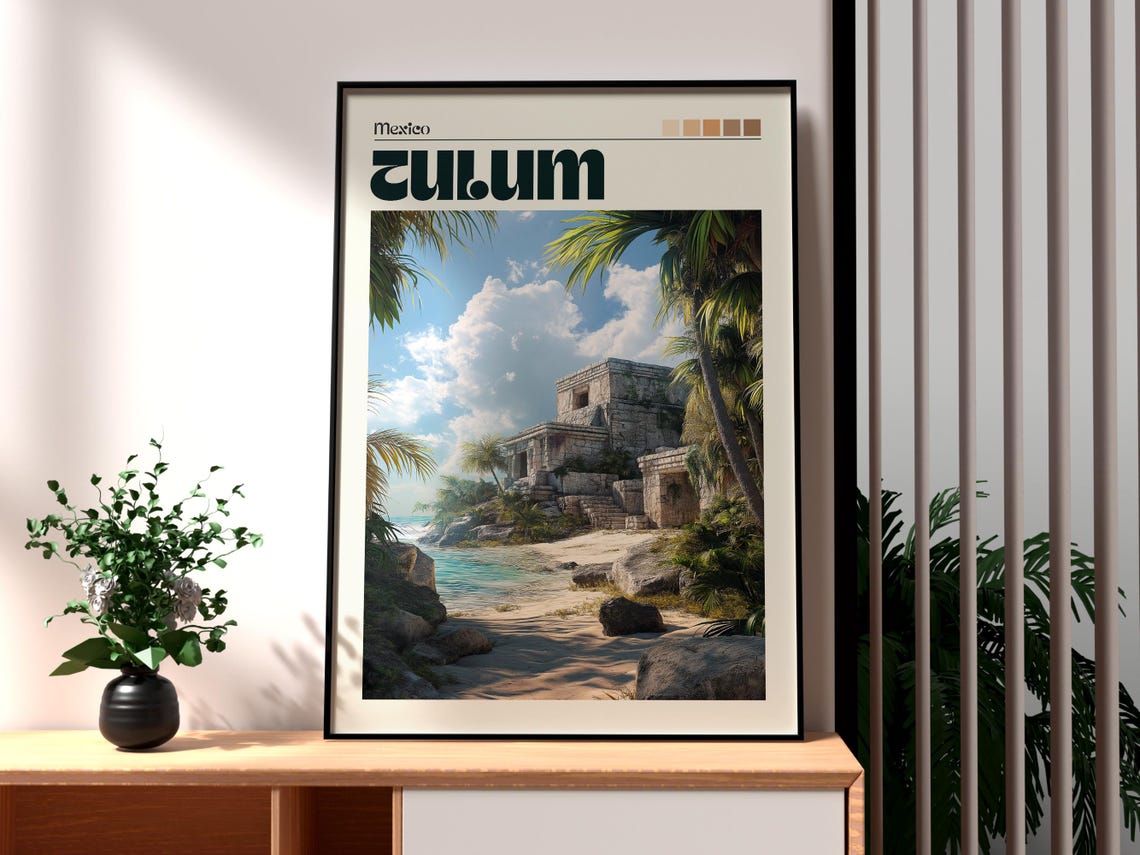 Tulum Mexico Mayan Ruins Beach Palms Ocean View Travel Poster