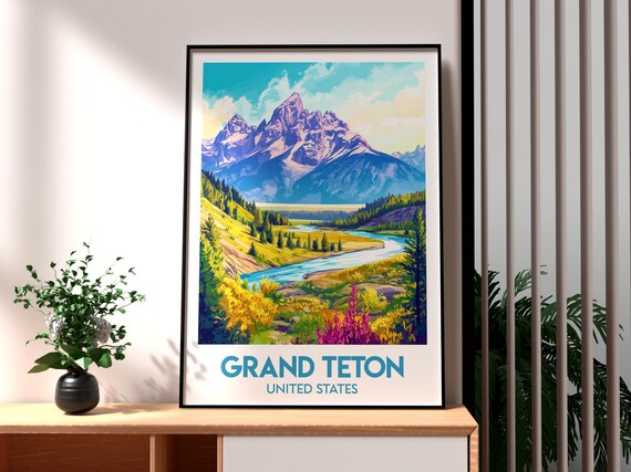 Grand Teton USA Purple Peak Valley River Vintage Landscape Poster