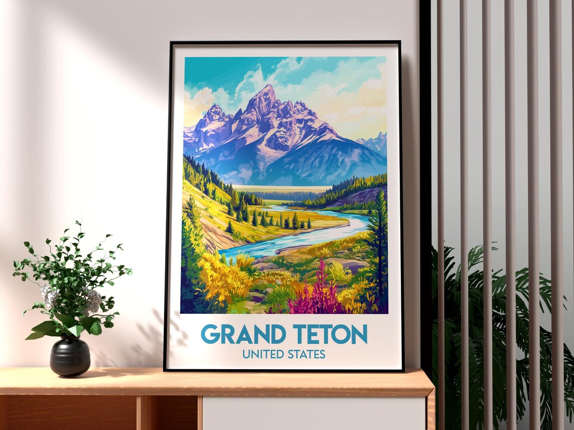Grand Teton USA Purple Peak Valley River Vintage Landscape Poster