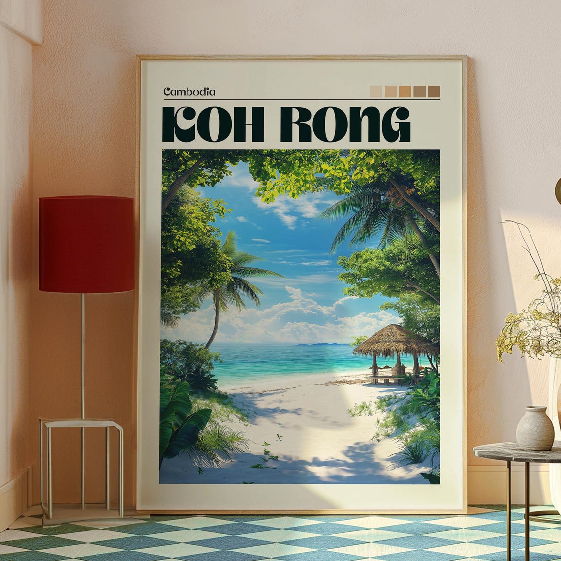 Koh Rong Cambodia Palm Beach Thatched Hut Tropical Travel Poster - Image 2
