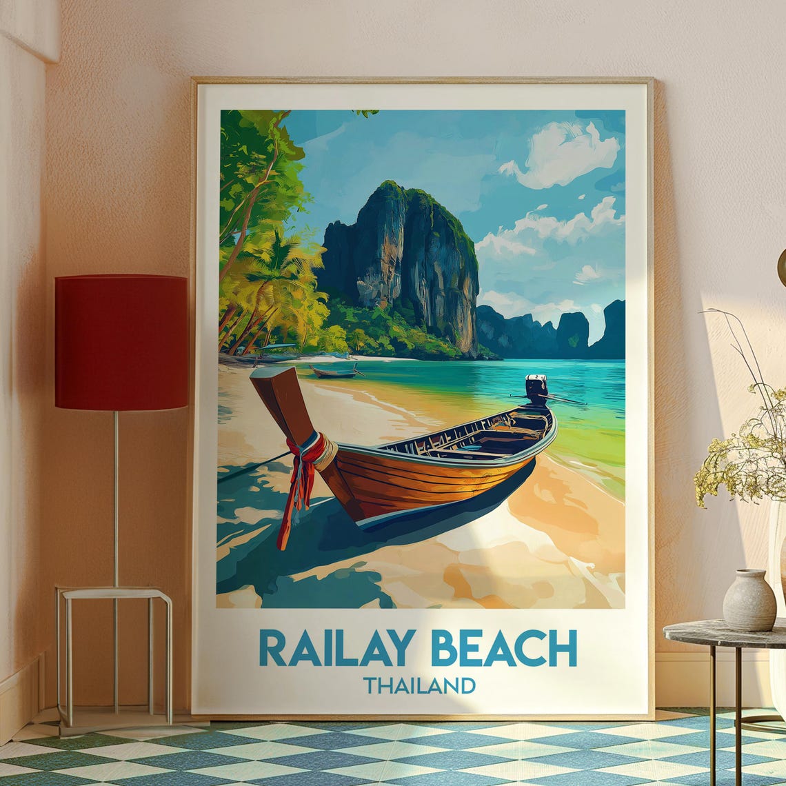 Railay Beach Thailand Sandy Shore Longtail Boat Travel Poster - Image 2