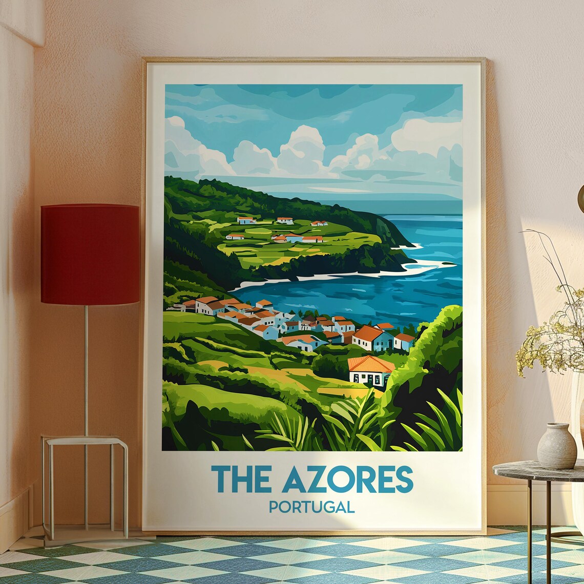 The Azores Portugal Green Cliff Coastal Village Ocean Travel Poster - Image 2