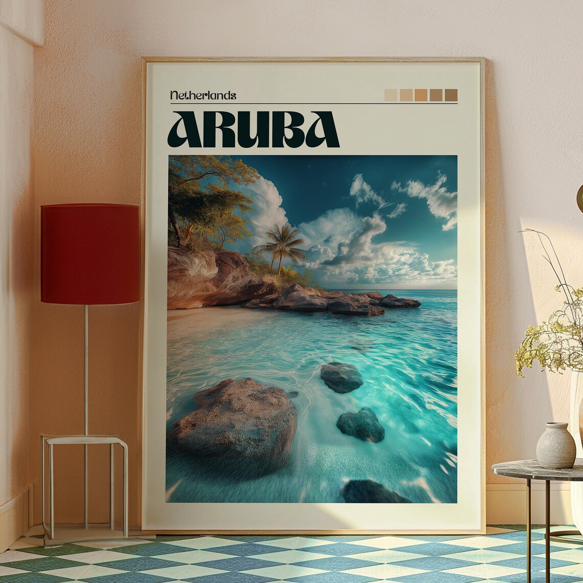Aruba Caribbean Turquoise Beach Rocks Palm Vintage Travel Poster - Image 2