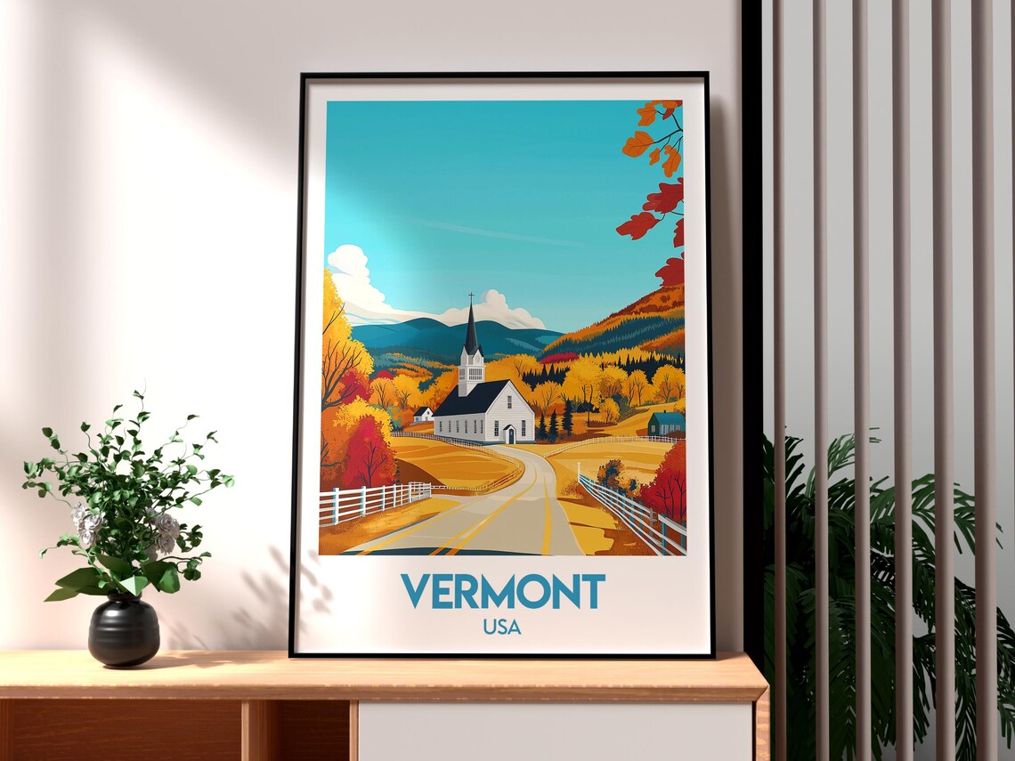 Vermont USA Autumn Foliage White Church New England Road Poster